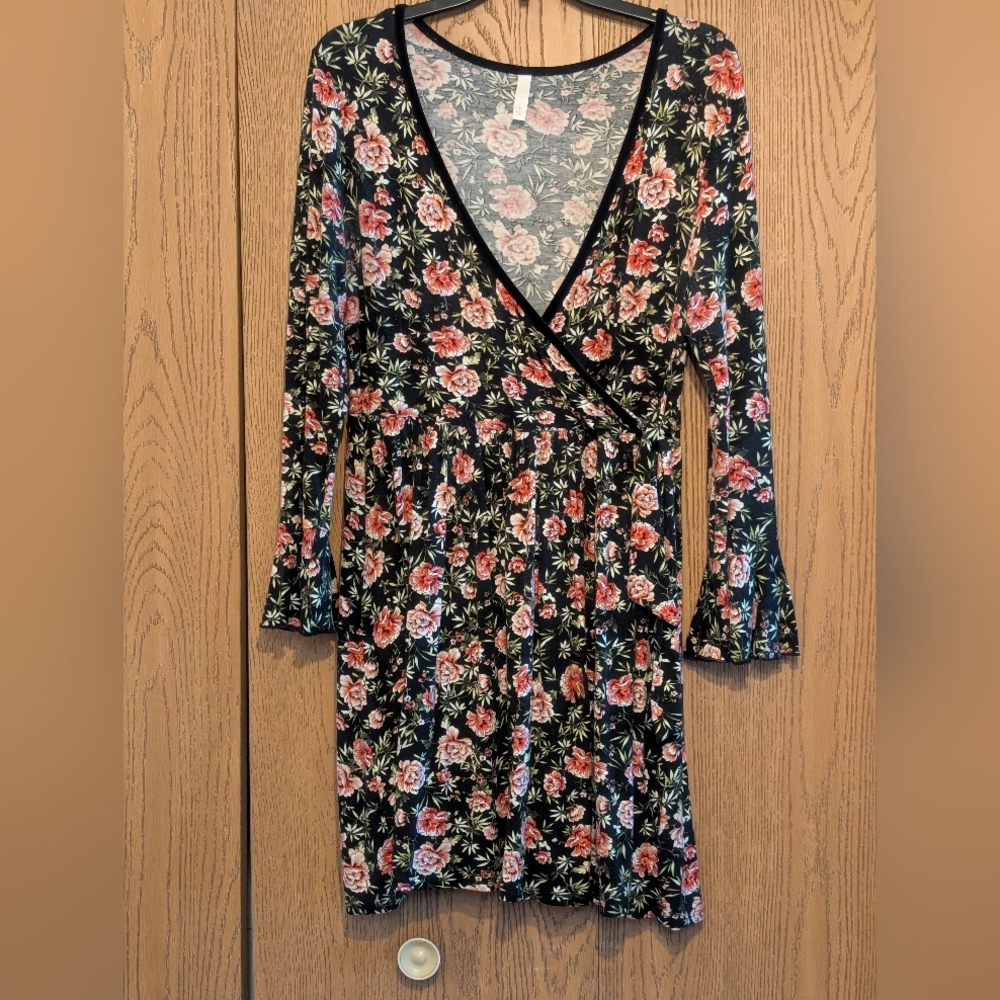 Floral Wrap Dress That Ties On The Side With Bell Sleeves And Black Velvet Trim